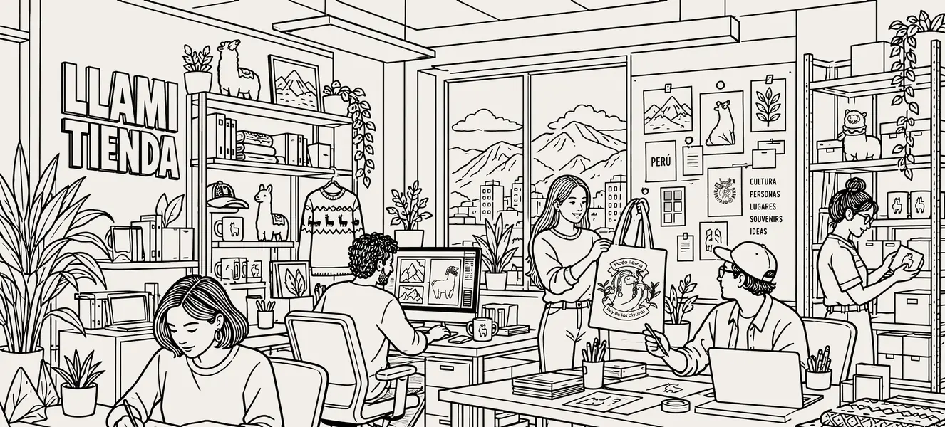 Ilustración del estudio de Owith: equipo diseñando personajes, souvenirs y colecciones para Llamitienda