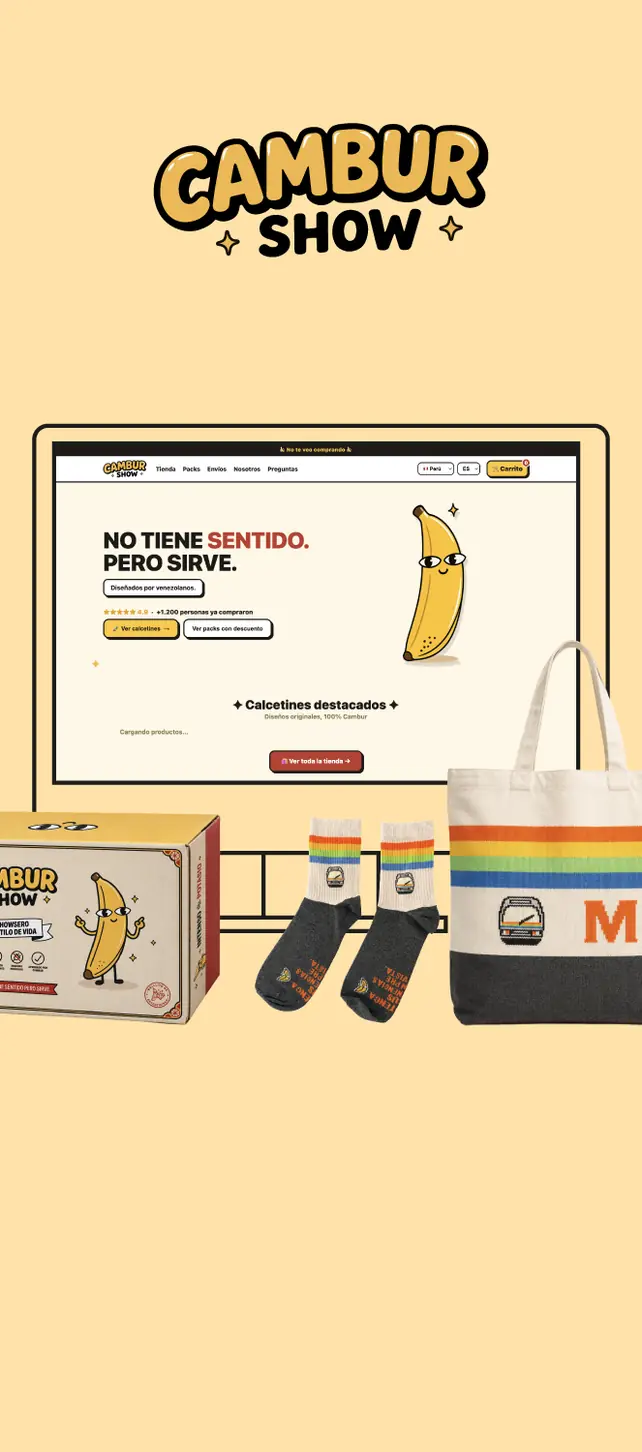 Cambur Show: web, caja, medias y tote bag con el personaje plátano