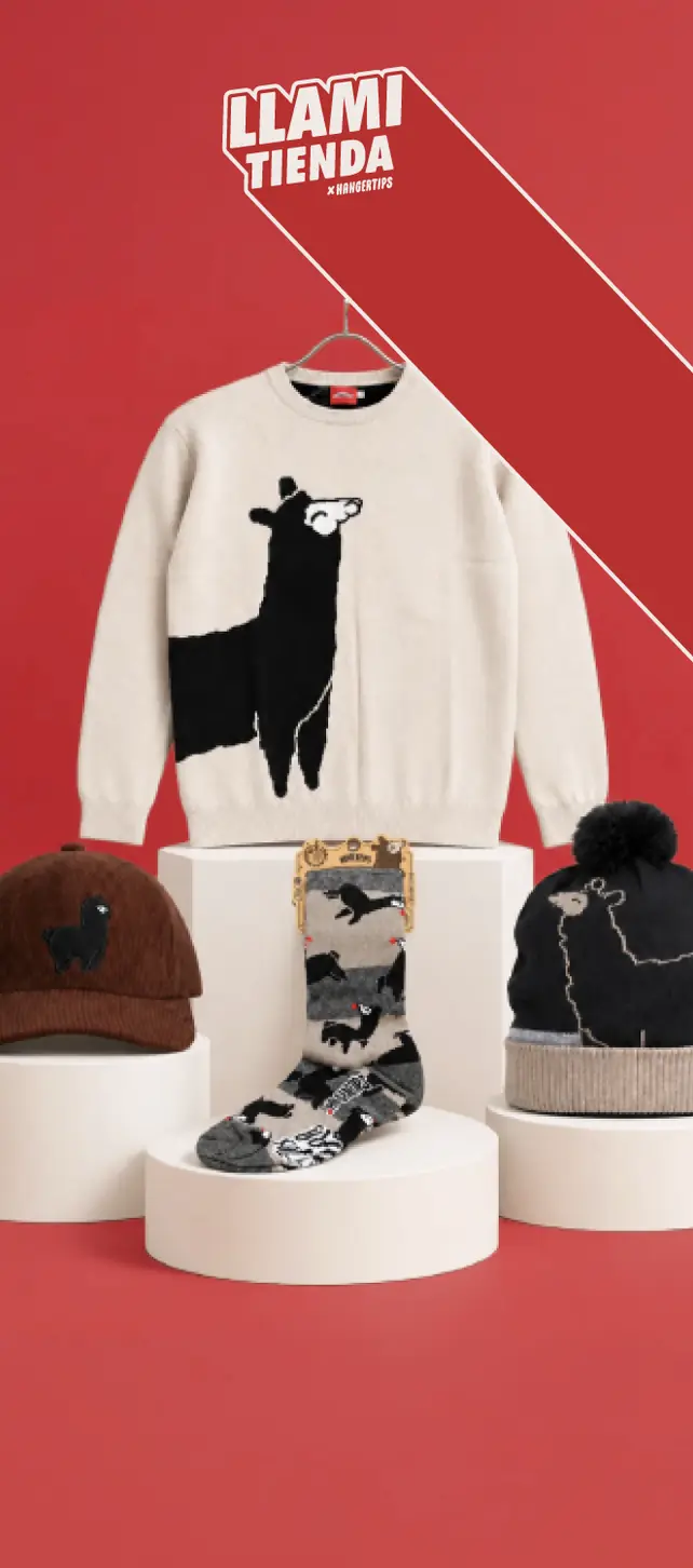 Colección Llamitienda: chompa con llama, gorras y medias