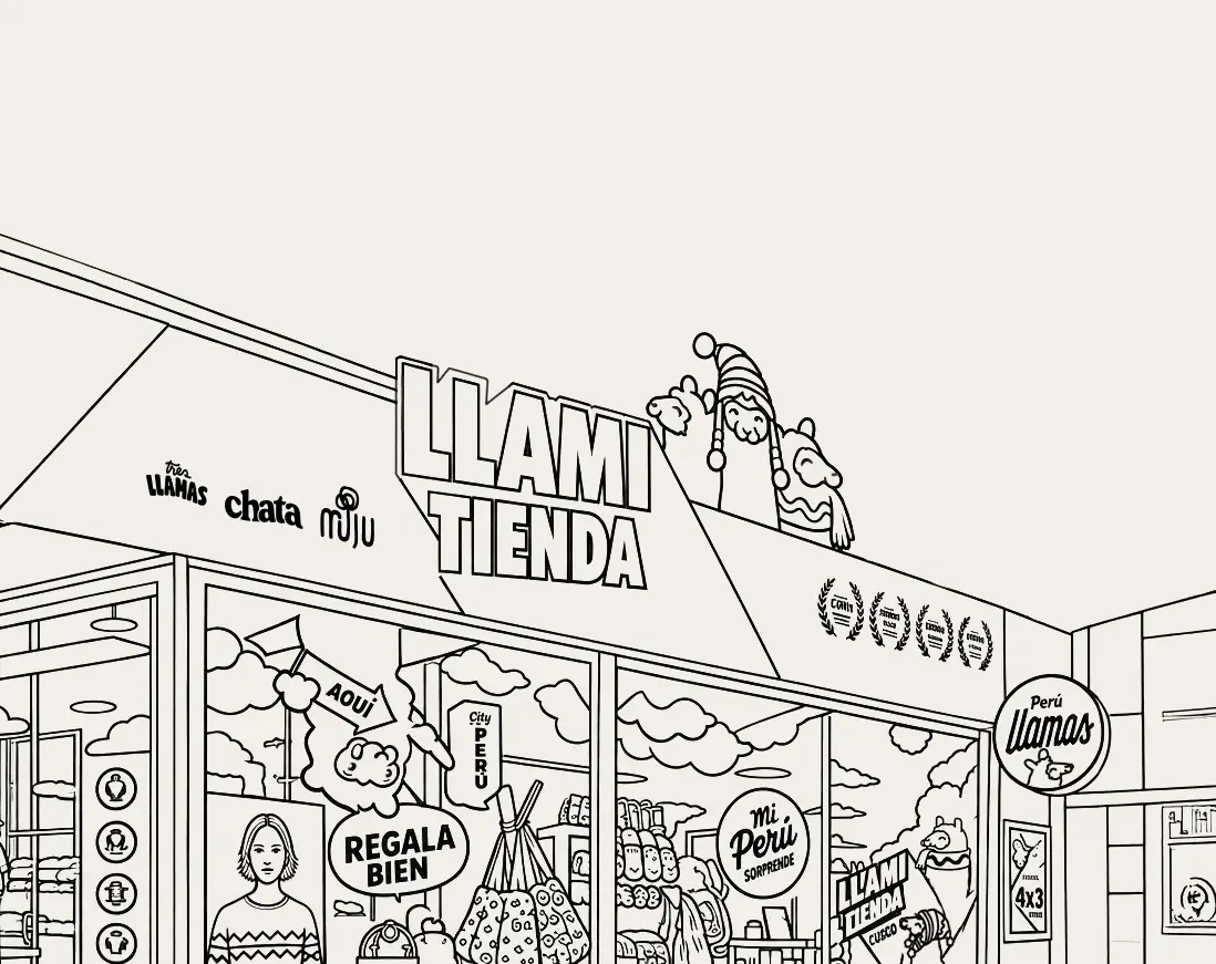 Ilustración de la fachada de una tienda Llamitienda con las marcas Tres Llamas, Chata y Muju